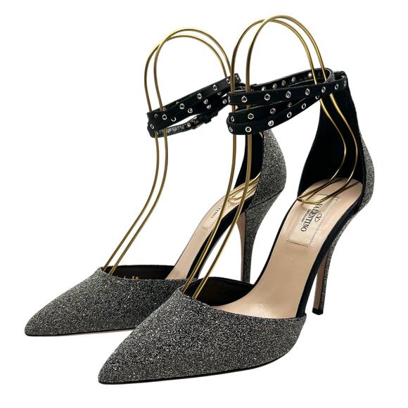 VALENTINO GARAVANI Glitter Ankle Strap Pumps EU 38 US 8 Silver Metallic Heels - Picture 4 of 11